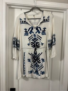 Free People White Knit Dress with Blue Embroidery